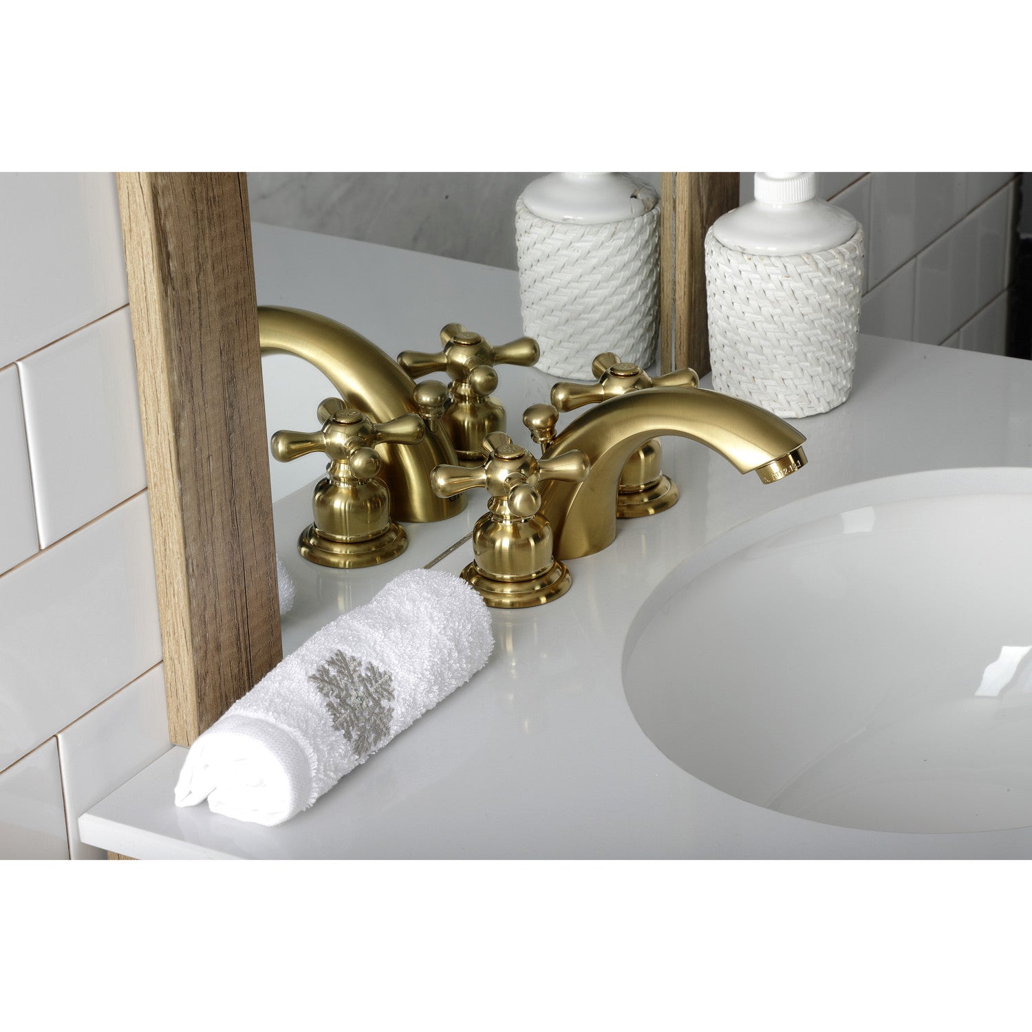 Kingston Heirloom KB947AXSB - Victorian Two-Handle 3-Hole Deck Mount Mini-Widespread Bathroom Faucet with Pop-Up Drain, Brushed Brass — thumbnail 3